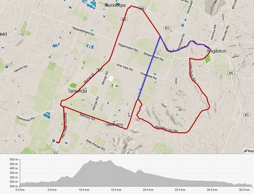 Barossa Cycling - the main Menglers Hill Ride in red with the easier variation in taken by Murray and me in blue