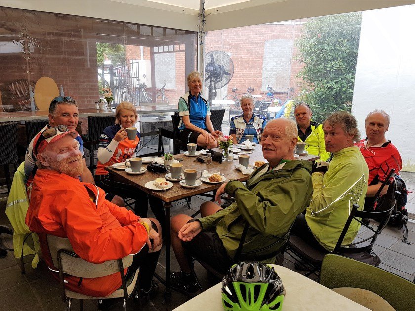 Barossa Cycling - Tanunda - drying out under the heaters at the Courtyard Coffee House