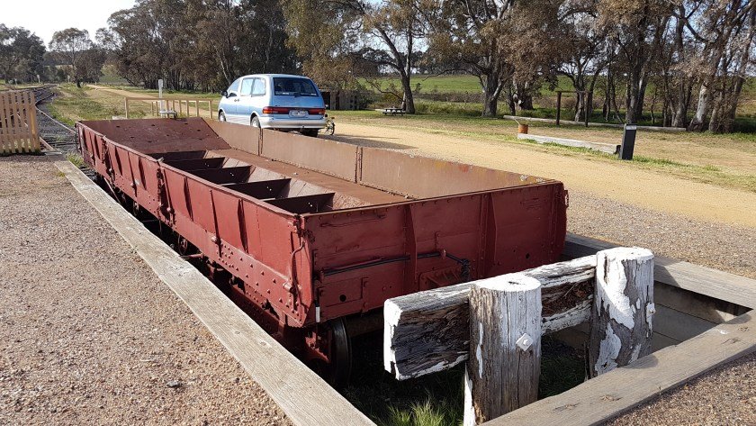 Castlemaine to Maldon Trail - Jeff's car behind a railway wagon
