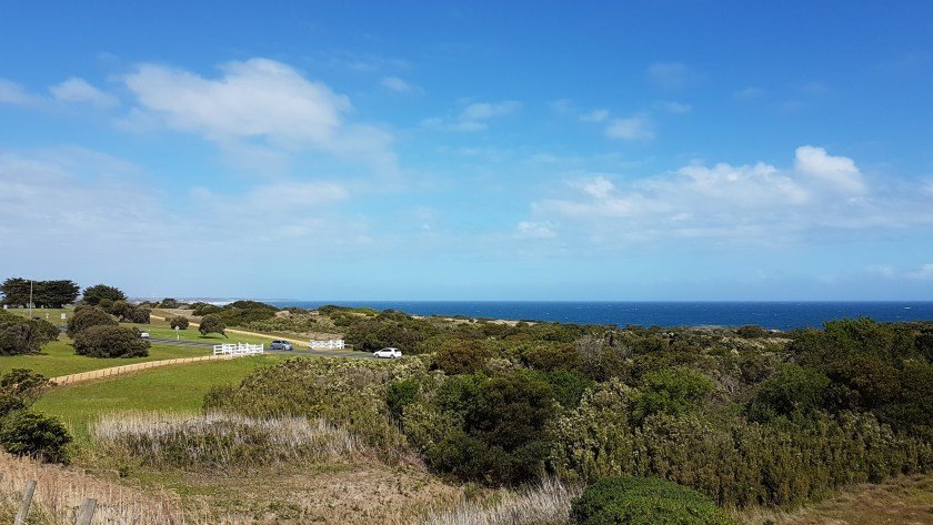 Bass Coast Rail Trail Woolamai to Kilcunda Trestle Bridge - the trail curves down to cross the Bass Highway