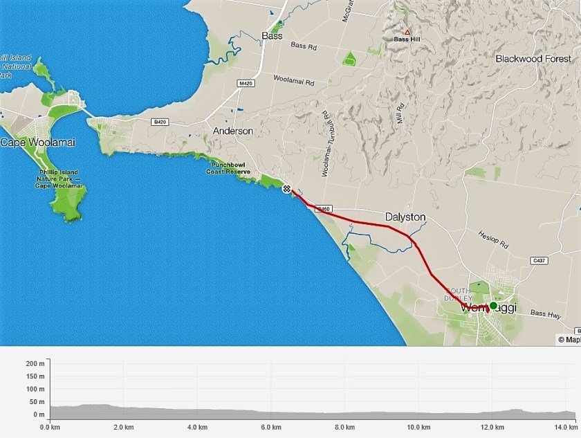 Bass Coast Rail Trail Wonthaggi to Kilcunda - map and elevation chart