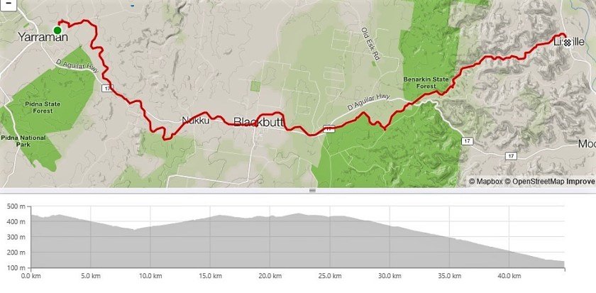 Yarraman to Linville on the BVRT - Map and Elevation Chart
