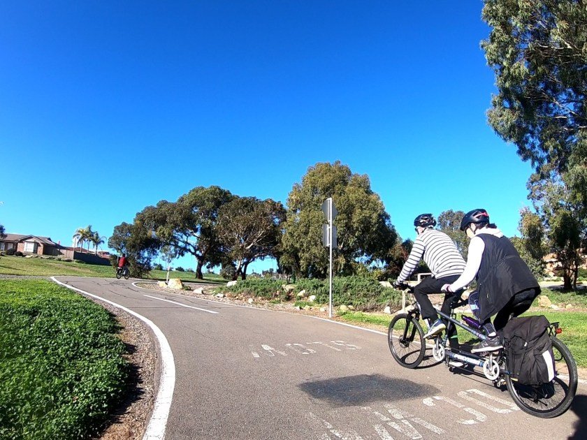 Coast to Vines Rail Trail - Derek and Joy on the tandem pushing uphill towards Hallett Cove Shopping Centre