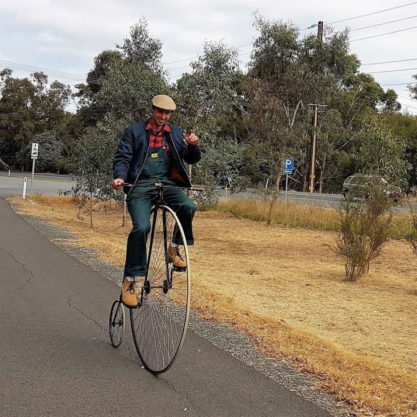 Amy Gillett Rail Trail between Charleston and Woodside - penny farthing cyclist participates in the "Hills Heist"